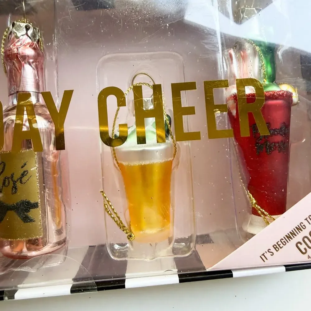 New Set of 4 Holiday Cheer Cocktails Drinks Glass Christmas Ornaments